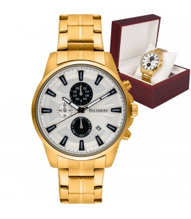Zegarek męski bransoleta duży złoty datownik chronograf Beltimore BT04- krateczka.pl