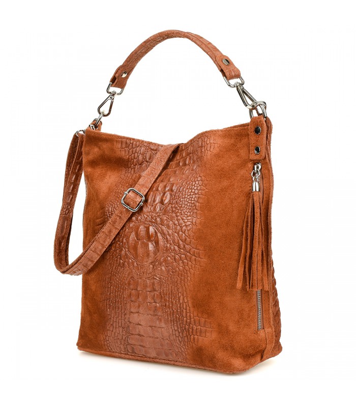 Brązowa torebka skórzana zamszowa CROCO shopper | Krateczka.pl