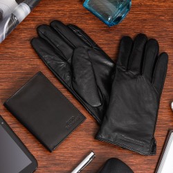Zestaw męski skórzany portfel poziomy rękawiczki czarne- Krateczka.pl